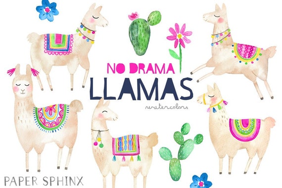Watercolor Llama Clipart | No Drama Llamas - Watercolor Clipart - Alpacas - with Cactus and Flowers. Instant Download PNG Files