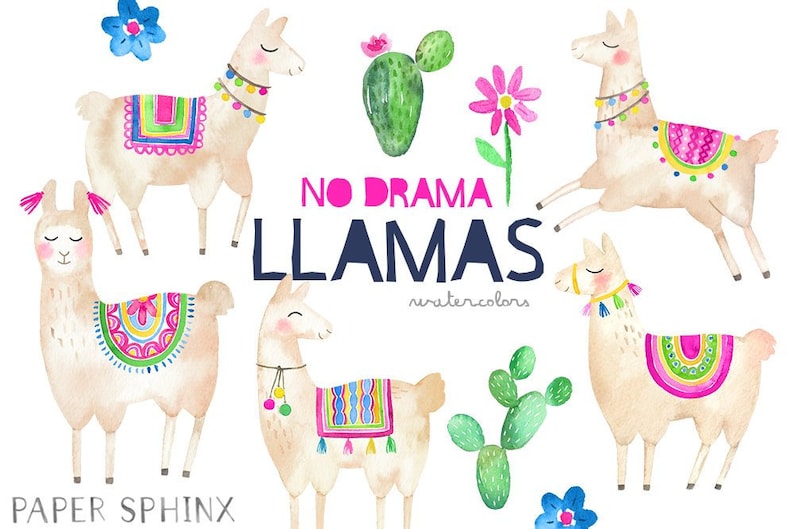 Instant Download PNG Files Alpacas with Cactus and Flowers Watercolor Clipart No Drama Llamas Watercolor Llama Clipart