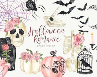 Watercolor Halloween Clipart | Pretty Halloween, Romantic Halloween, Unicorn Skull, Skull with Flowers, Floral Pumpkins - Clipart Graphics