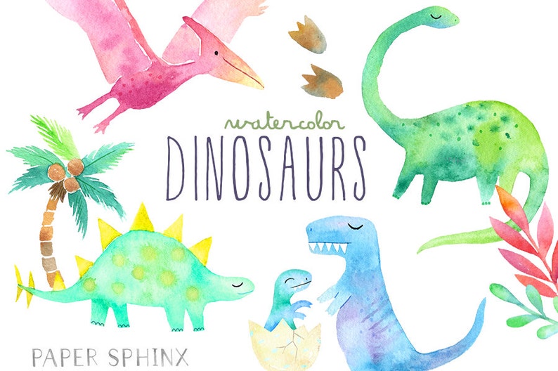 Watercolor Dinosaur Clipart Girly Dinosaur Clip Art Dinosaur Birthday Party Girls Dinosaurs T Rex, Pterodactyl Digital PNG Files image 1