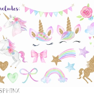 Watercolor Unicorn Face Clipart Magical Unicorns Kawaii Clipart Chubby Unicorn, Stars, Clouds, Rainbows Digital PNG Files image 2