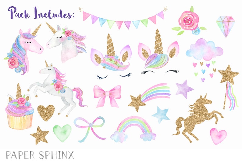 Watercolor Unicorn Face Clipart Magical Unicorns Kawaii Clipart Chubby Unicorn, Stars, Clouds, Rainbows Digital PNG Files image 2