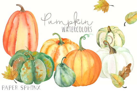 Fall Clip Art- Thanksgiving Harvest Digital Download Watercolor Pumpkin and Leaves Pastel Pumpkins Clipart Halloween Jack O Lantern