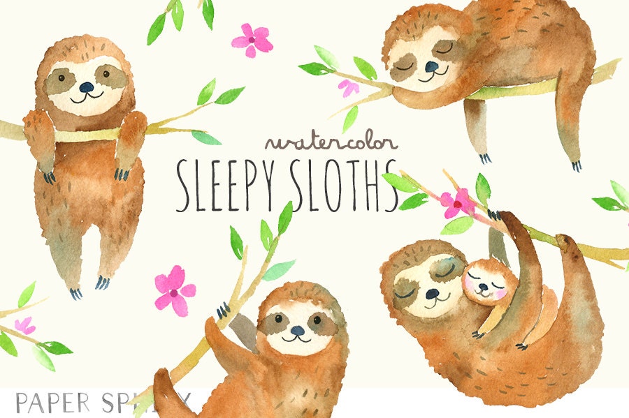 Mommy　Clip　Sloths　Sleepy　Sloth　Etsy　Baby　Clipart　Art　Watercolor　Norway