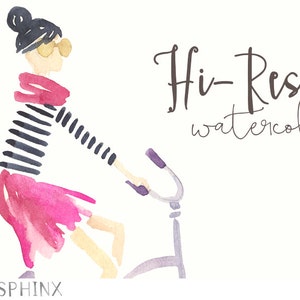 K&ouml;nnte beinhalten: Aquarell-Illustration einer Frau, die ein gestreiftes Hemd, einen rosa Rock und eine Sonnenbrille tr&auml;gt und ein Fahrrad mit einem Blumenkorb f&auml;hrt. Der Text "Hi-Res watercolors" ist in Kursivschrift &uuml;ber der Frau geschrieben.