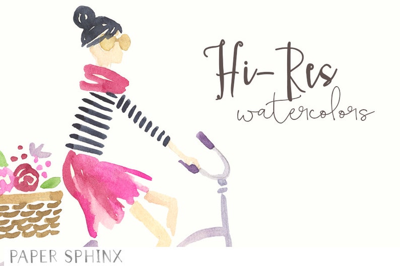 K&ouml;nnte beinhalten: Aquarell-Illustration einer Frau, die ein gestreiftes Hemd, einen rosa Rock und eine Sonnenbrille tr&auml;gt und ein Fahrrad mit einem Blumenkorb f&auml;hrt. Der Text "Hi-Res watercolors" ist in Kursivschrift &uuml;ber der Frau geschrieben.