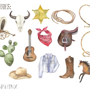 Watercolor Western Clipart Cowgirl and Cowboy Clipart Wild West Horse, Bandana, Cactus, Sheriff Badge, Covered Wagon, Cow Skull PNGs image 2