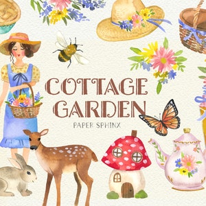 Acquerello Cottage Garden Clipart - Cottagecore Estetica, Funghi Vintage, Fiori selvatici, Cottage Girl - Download istantaneo Clipart Graphics