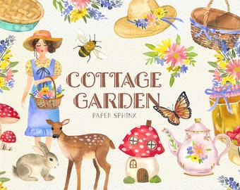 Watercolor Cottage Garden Clipart - Cottagecore Aesthetic, Vintage Mushrooms, Wildflowers, Cottage Girl - Instant Download Clipart Graphics