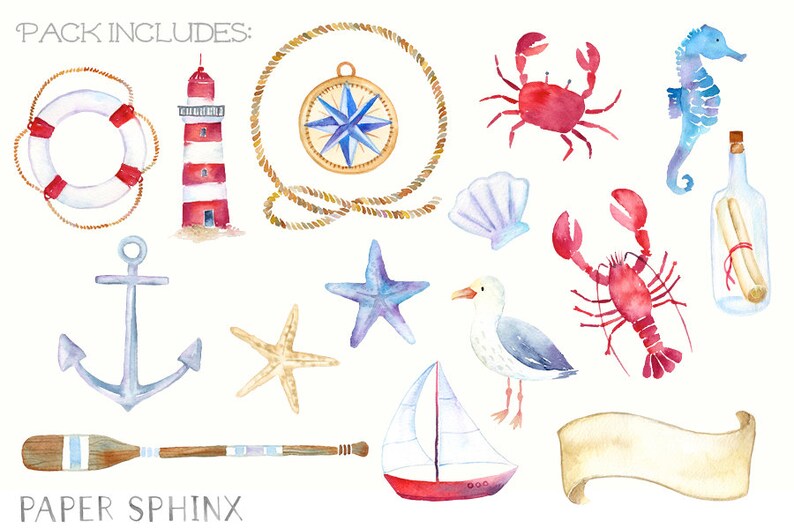 May include: A set of watercolor illustrations featuring nautical and ocean-themed elements, including a lighthouse, anchor, compass, life preserver, starfish, seashells, a seagull, a sailboat, a crab, a lobster, a seahorse, and a message in a bottle. The illustrations are painted in a variety of colors, including red, blue, yellow, and green.