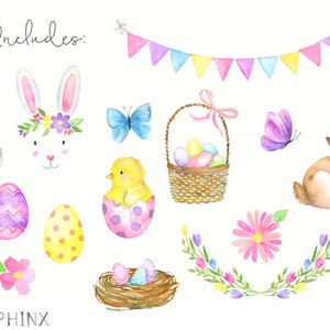 Pode incluir: Um conjunto de ilustra&ccedil;&otilde;es de aquarela com elementos tem&aacute;ticos de P&aacute;scoa, incluindo coelhos, pintinhos, ovos, borboletas, flores e uma cesta de ovos. As ilustra&ccedil;&otilde;es est&atilde;o em uma paleta de cores pastel e t&ecirc;m um estilo caprichoso e pintado &agrave; m&atilde;o.
