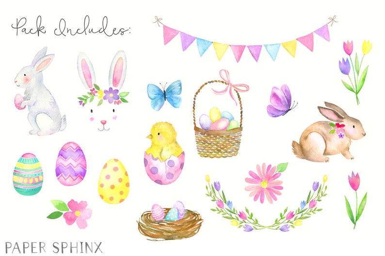 Pode incluir: Um conjunto de ilustra&ccedil;&otilde;es de aquarela com elementos tem&aacute;ticos de P&aacute;scoa, incluindo coelhos, pintinhos, ovos, borboletas, flores e uma cesta de ovos. As ilustra&ccedil;&otilde;es est&atilde;o em uma paleta de cores pastel e t&ecirc;m um estilo caprichoso e pintado &agrave; m&atilde;o.