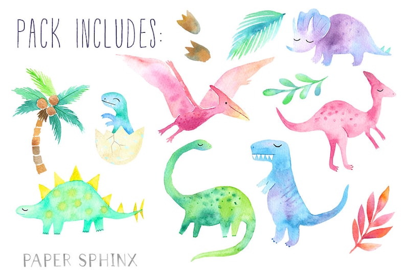 Watercolor Dinosaur Clipart Girly Dinosaur Clip Art Dinosaur Birthday Party Girls Dinosaurs T Rex, Pterodactyl Digital PNG Files image 2