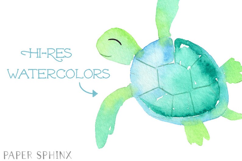May include: Watercolor painting of a green sea turtle with a blue and green shell. The turtle is swimming with its flippers outstretched. The text "HI-RES WATERCOLORS" is written in blue on the left side of the image.