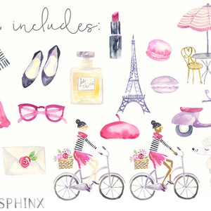 K&ouml;nnte beinhalten: Aquarell-Illustrationen von Pariser Motiven, darunter ein gestreiftes Shirt, ein rosa Rock, ein Paar schwarze Schuhe, ein Parf&uuml;mflakon, ein roter Lippenstift, der Eiffelturm, zwei Macarons, eine rosa Baskenm&uuml;tze, ein lilafarbener Roller, eine Stra&szlig;enlaterne, ein wei&szlig;er Pudel, ein Caf&eacute;tisch und St&uuml;hle mit einem rosa-wei&szlig; gestreiften Sonnenschirm, zwei Frauen, die Fahrrad fahren mit Blumenk&ouml;rben und ein wei&szlig;er Umschlag mit einer rosa Rose.