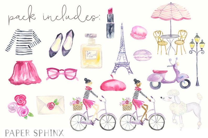 K&ouml;nnte beinhalten: Aquarell-Illustrationen von Pariser Motiven, darunter ein gestreiftes Shirt, ein rosa Rock, ein Paar schwarze Schuhe, ein Parf&uuml;mflakon, ein roter Lippenstift, der Eiffelturm, zwei Macarons, eine rosa Baskenm&uuml;tze, ein lilafarbener Roller, eine Stra&szlig;enlaterne, ein wei&szlig;er Pudel, ein Caf&eacute;tisch und St&uuml;hle mit einem rosa-wei&szlig; gestreiften Sonnenschirm, zwei Frauen, die Fahrrad fahren mit Blumenk&ouml;rben und ein wei&szlig;er Umschlag mit einer rosa Rose.