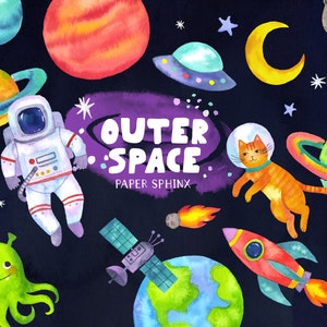 Pu&ograve; includere: Illustrazione ad acquerello a tema spazio, con pianeti, stelle, una luna crescente, un razzo, un satellite, un astronauta, un gatto con casco spaziale e un alieno. Il testo "OUTER SPACE" &egrave; visibile.