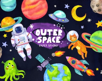 May include: Watercolor illustration of an outer space theme with planets, stars, a crescent moon, a rocket, a satellite, an astronaut, a cat in a space helmet, and an alien. The text "OUTER SPACE" is visible.