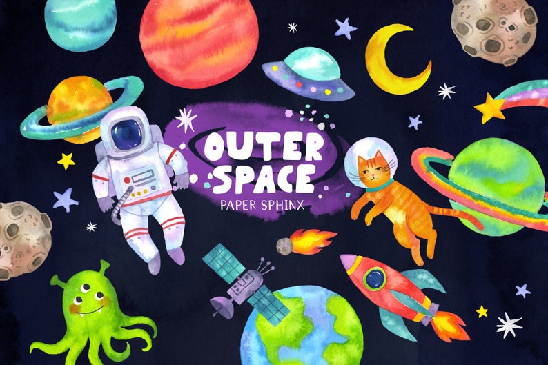 Pu&ograve; includere: Illustrazione ad acquerello a tema spazio, con pianeti, stelle, una luna crescente, un razzo, un satellite, un astronauta, un gatto con casco spaziale e un alieno. Il testo "OUTER SPACE" &egrave; visibile.