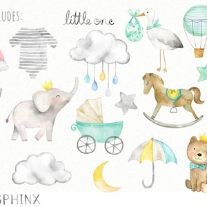 Pode incluir: Ilustra&ccedil;&otilde;es de aquarela de objetos com tema de beb&ecirc;, incluindo um cavalinho de balan&ccedil;o, um carrinho de beb&ecirc;, uma nuvem com gotas de chuva, um arco-&iacute;ris, um bal&atilde;o de ar quente, um urso de pel&uacute;cia, um coelho, um elefante, uma cegonha e uma estrela. O texto "little one" est&aacute; escrito na parte superior central da imagem.