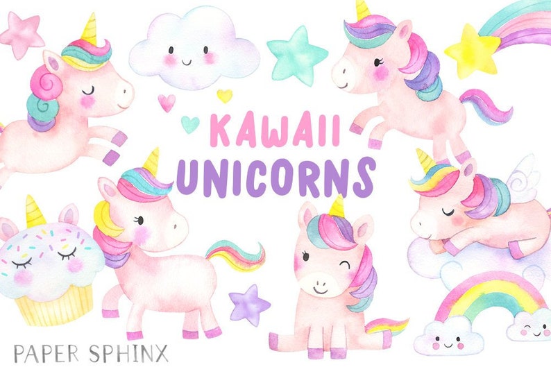 Kawaii Unicorn Clipart Watercolor Cute Unicorns Kawaii Clipart Chubby Unicorn, Stars, Clouds, Rainbows Digital PNG Files image 1