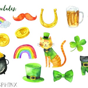 Watercolor St. Patty's Clipart St. Patrick's Day Clip Art Lucky Shamrock Irish Clipart Leprechaun, Pot of Gold Instant Download image 2