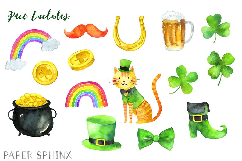 Watercolor St. Patty's Clipart St. Patrick's Day Clip Art Lucky Shamrock Irish Clipart Leprechaun, Pot of Gold Instant Download image 2