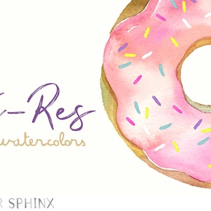 Peut inclure: Un beignet rose glac&eacute; de blanc et saupoudr&eacute; de p&eacute;pites multicolores. Le beignet est une illustration aquarelle.