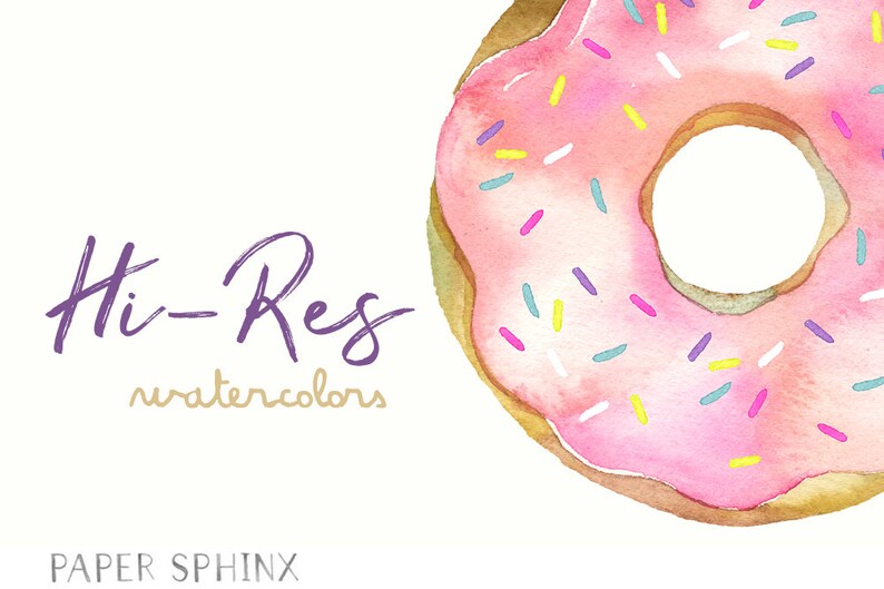 Peut inclure: Un beignet rose glac&eacute; de blanc et saupoudr&eacute; de p&eacute;pites multicolores. Le beignet est une illustration aquarelle.