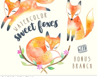 Watercolor Foxes Clipart | Baby Woodland Animals - Fox and Flowers Nursery Art - Digital Scrapbooking - Baby Shower - Instant Download PNG