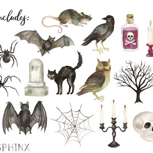 May include: Watercolor illustrations of Halloween-themed objects, including a coffin, spiders, bats, a tombstone, a black cat, an owl, a tree, a skeleton, skulls, a spiderweb, a candelabra, a rat, a crow, a poison bottle, a candle, and a snake. Text reads "Pack includes:" and "PAPER SPHINX".