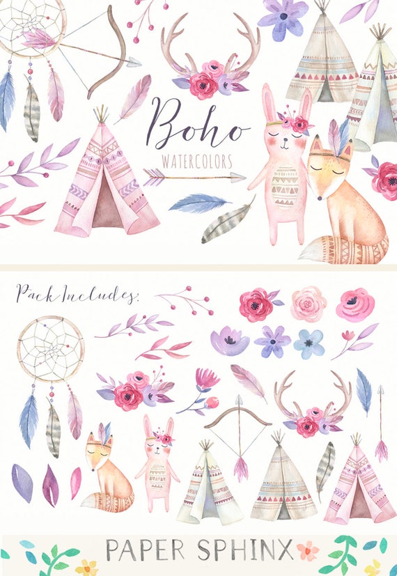 Watercolor Boho Clipart | Tribal Nursery Clipart - Boho Baby Shower - Teepee/ Tent, Bunny, Fox - Baby Nursery Art