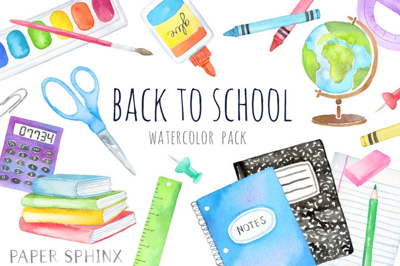Watercolor Back to School Clipart School Supplies Clipart Crayons, Planner, Art Supplies, Colored Pencil, Books Instant Download image 1