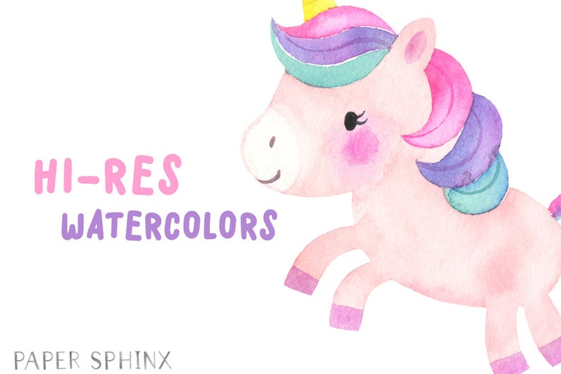 Kawaii Unicorn Clipart Watercolor Cute Unicorns Kawaii Clipart Chubby Unicorn, Stars, Clouds, Rainbows Digital PNG Files image 2