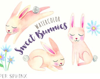 Watercolor Rabbits Clipart | Printable Easter Bunnies Clip Art - Bunny Baby Shower Art - Cute for Nursery - Instant Download Digital PNG