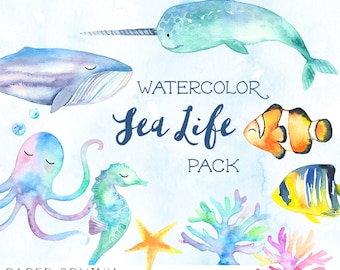 May include: Watercolor illustrations of various sea creatures, including a narwhal, whale, octopus, seahorse, clownfish, and angelfish. The illustrations are painted in a light blue, pink, and yellow color palette. The text "Watercolor Sea Life Pack" is written in a blue font.