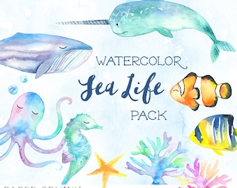 Watercolor Ocean Animals Clipart -  Fish, Whale, Nautical Animals - Hand painted - DIY greeting card, Scrapbook, Digital Children's Clip Art