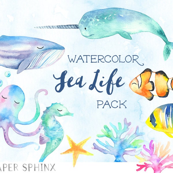 Aquarel Oceaan dieren clipart-vis, walvis, nautische dieren-hand Painted-DIY wenskaart, ScrapBook, digitale Kinder clip art