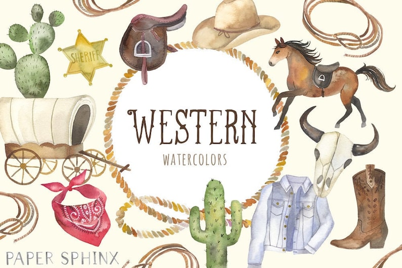 Watercolor Western Clipart Cowgirl and Cowboy Clipart Wild West Horse, Bandana, Cactus, Sheriff Badge, Covered Wagon, Cow Skull PNGs image 1