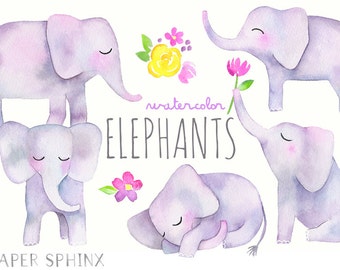 Acuarela elefante clipart / bebé elefantes - ilustrado vivero pared arte - baby shower - Digital Instant Descargar PNG