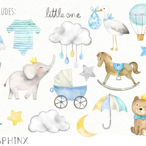 May include: Watercolor illustrations of baby shower elements in blue, yellow, and gray.  The illustrations include a rocking horse, a baby carriage, a cloud with raindrops, a rainbow, a hot air balloon, a teddy bear, a bunny rabbit, an elephant, a stork, and a star.  The text "It's a Boy" and "little one" are also included.