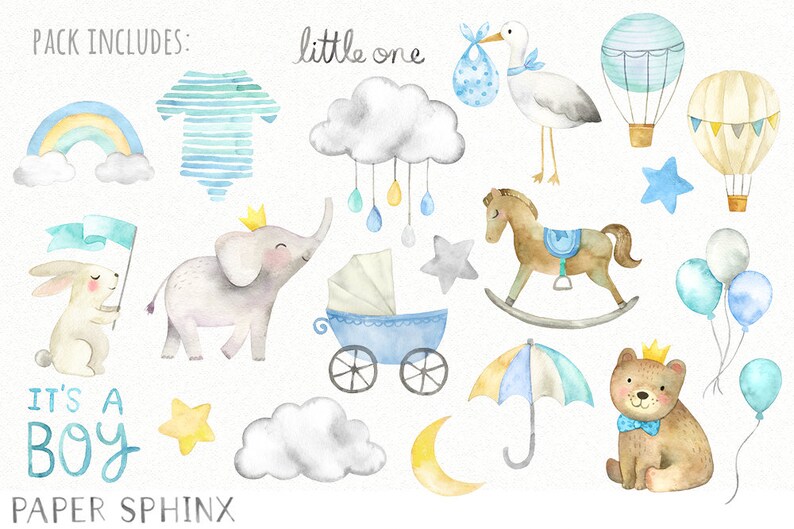 May include: Watercolor illustrations of baby shower elements in blue, yellow, and gray.  The illustrations include a rocking horse, a baby carriage, a cloud with raindrops, a rainbow, a hot air balloon, a teddy bear, a bunny rabbit, an elephant, a stork, and a star.  The text "It's a Boy" and "little one" are also included.