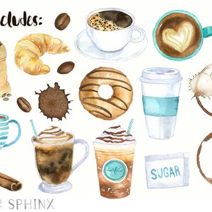 Pode incluir: Ilustra&ccedil;&otilde;es de aquarela de caf&eacute; e itens relacionados ao caf&eacute;, incluindo um saco de gr&atilde;os de caf&eacute;, um croissant, um donut, uma x&iacute;cara de caf&eacute; com um desenho de cora&ccedil;&atilde;o, uma mancha de caf&eacute;, um pacote de a&ccedil;&uacute;car e um pau de canela. O texto "pack includes:" est&aacute; no topo da imagem.