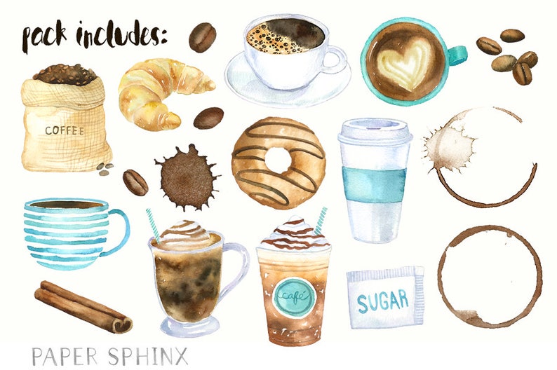 Pode incluir: Ilustra&ccedil;&otilde;es de aquarela de caf&eacute; e itens relacionados ao caf&eacute;, incluindo um saco de gr&atilde;os de caf&eacute;, um croissant, um donut, uma x&iacute;cara de caf&eacute; com um desenho de cora&ccedil;&atilde;o, uma mancha de caf&eacute;, um pacote de a&ccedil;&uacute;car e um pau de canela. O texto "pack includes:" est&aacute; no topo da imagem.