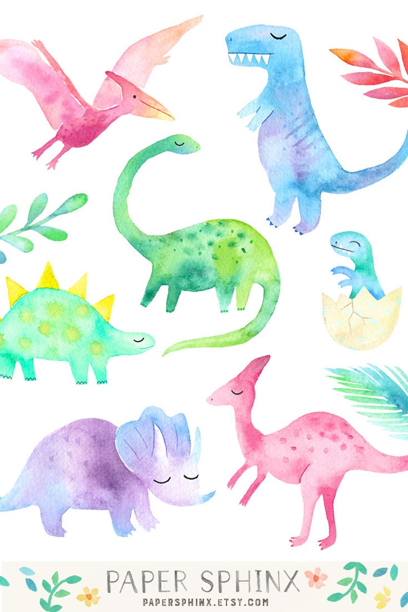 Watercolor Dinosaur Clipart Girly Dinosaur Clip Art Dinosaur Birthday Party Girls Dinosaurs T Rex, Pterodactyl Digital PNG Files image 4