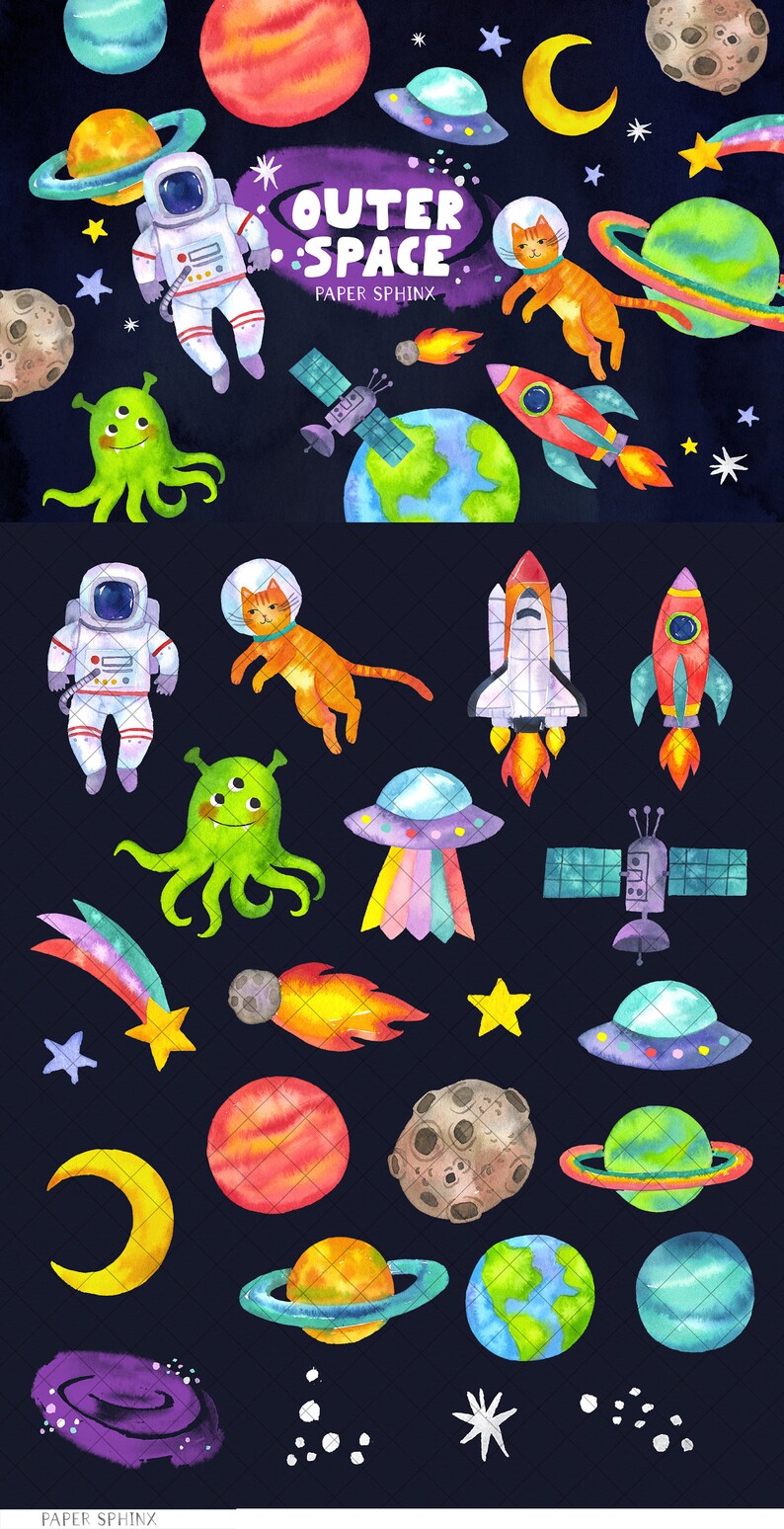 Pu&ograve; includere: Illustrazione ad acquerello a tema spazio con pianeti, un razzo, un'astronave, un astronauta, un gatto con casco spaziale e un alieno. Il testo "OUTER SPACE" &egrave; in una bolla viola. Lo sfondo &egrave; blu scuro.