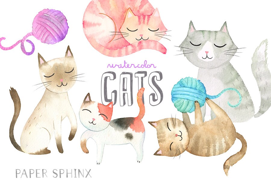 Watercolor Cats Clipart | Kitten Clip Art - Mommy and Baby Cat with Yarn, Watercolor Animals - Instant Download PNG files