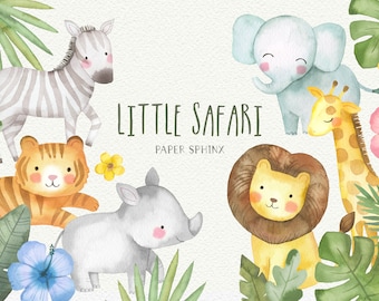 Watercolor Safari Clipart - Baby Safari Animals, Lion, Tiger, Giraffe, Rhino, Zebra, Elephant Babies - Instant Download Clipart Graphics