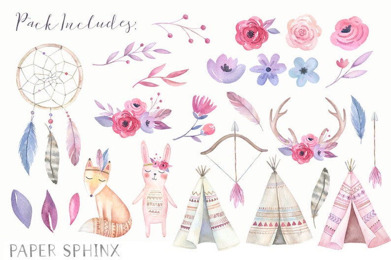 Puede incluir: Ilustraciones de acuarela de un atrapasue&ntilde;os, plumas, flores, un zorro, un conejo, un arco y flechas, cuernos de ciervo y tipis. Las ilustraciones est&aacute;n en tonos de rosa, morado y azul.