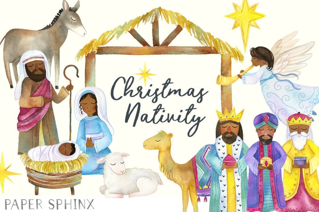Watercolor Black Nativity Clipart Christmas Nativity Brown Skin Holiday